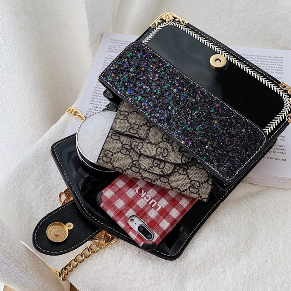 Graphite Chain Glitter Leather Shoulder Bag / Crossbody Bag (Black) - Picture 7 of 7